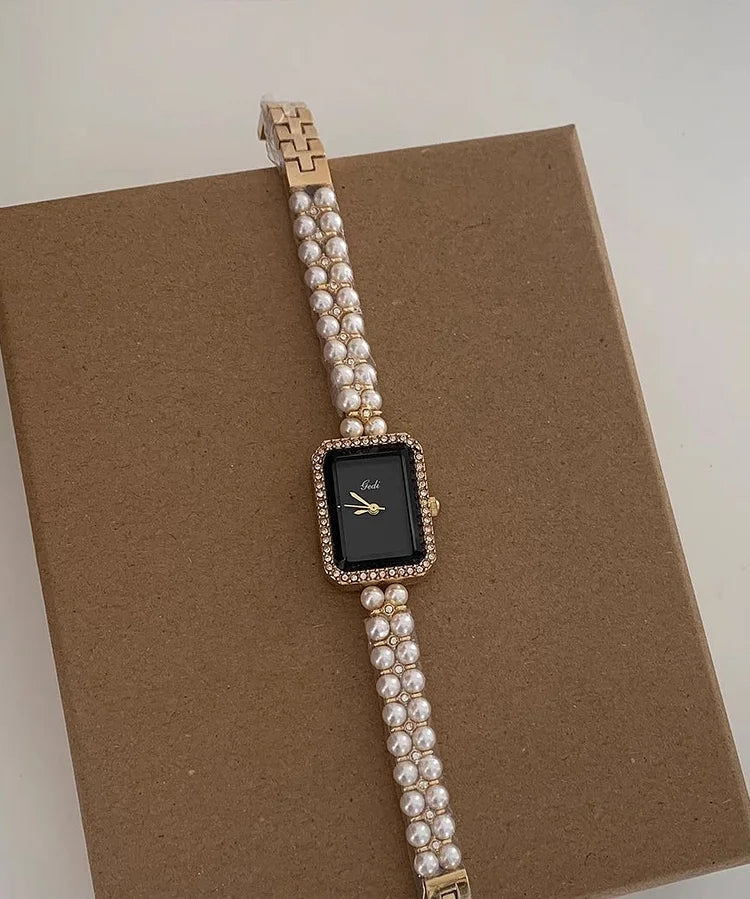 Luxury Black Metal Watch with Square Chain & Pearl Details