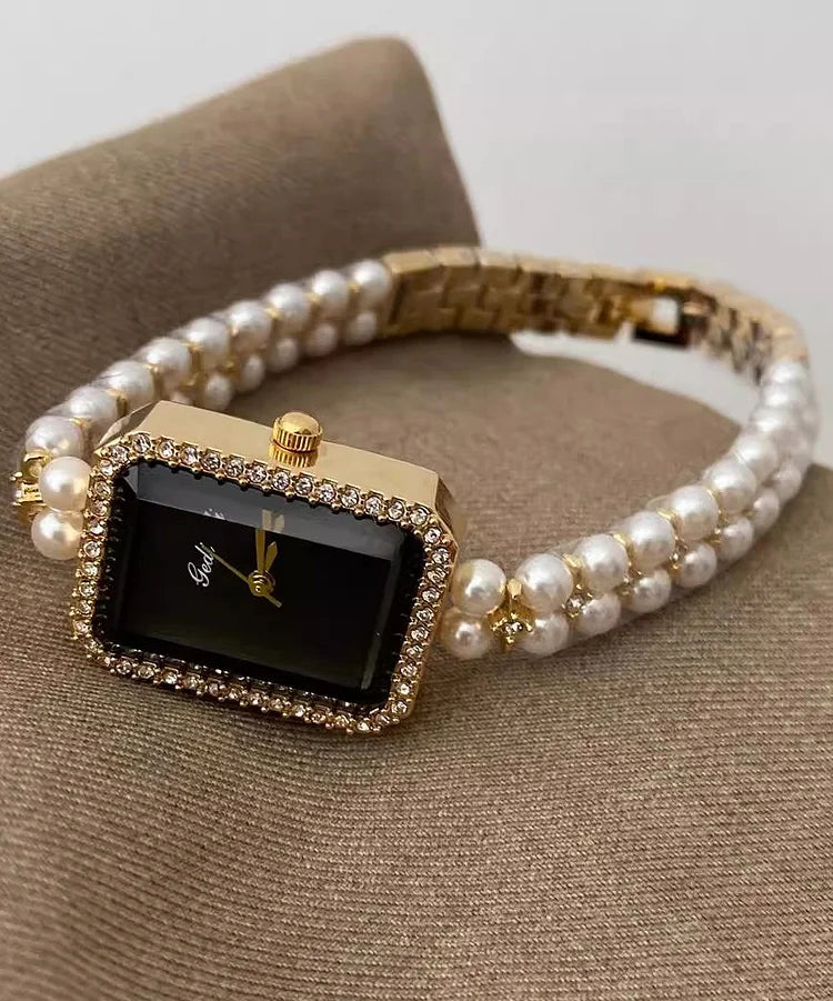 Luxury Black Metal Watch with Square Chain & Pearl Details