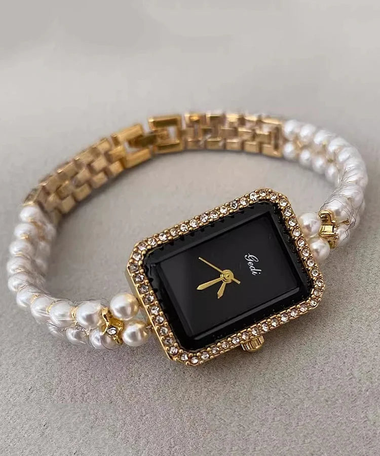 Luxury Black Metal Watch with Square Chain & Pearl Details