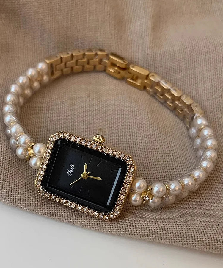 Luxury Black Metal Watch with Square Chain & Pearl Details