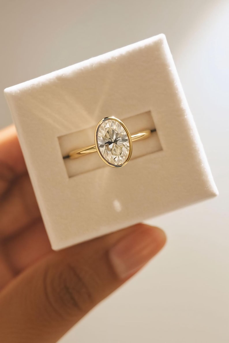 2-Carat Oval Moissanite Engagement Ring – 14K Solid Gold Bezel Set • Classic Solitaire Wedding Ring • Perfect Gift for Her